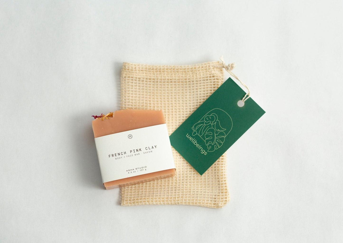 French Pink Clay Soap Bar and Cotton Soap Saver Pouch