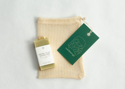 Green Clay Spirulina Mini Soap Bar and Cotton Pouch Combo